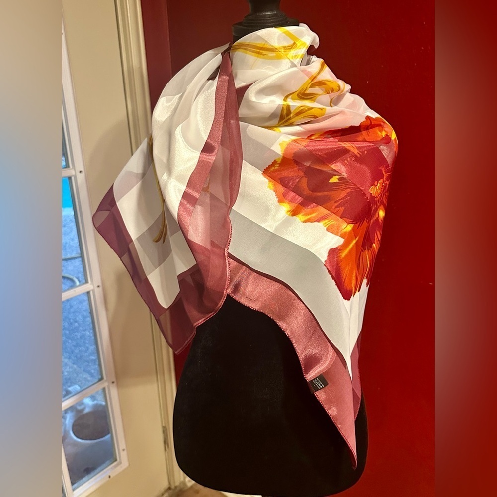 Vintage Korean Polyester Scarf 39” Square Floral Print Maroon Yellow White Retro